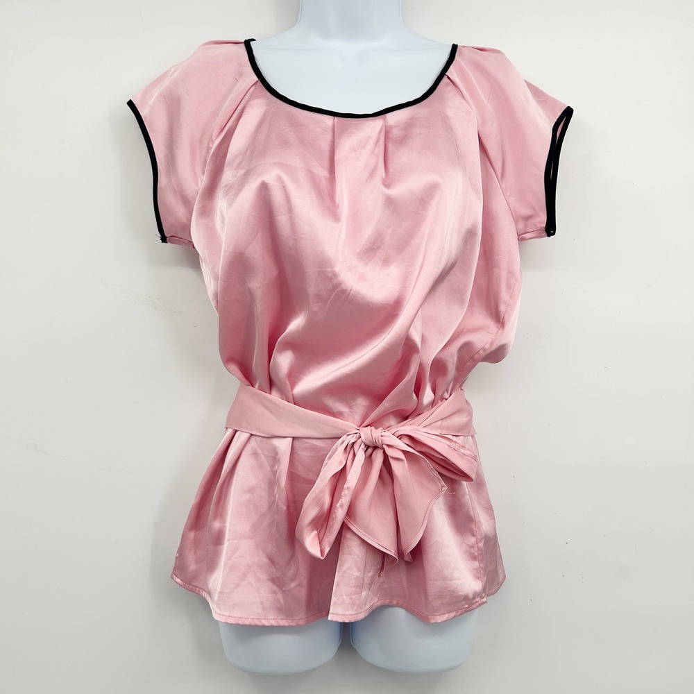 New York & Company Y2K Balletcore Satin Tie Waist Coquette Babydoll Blouse S